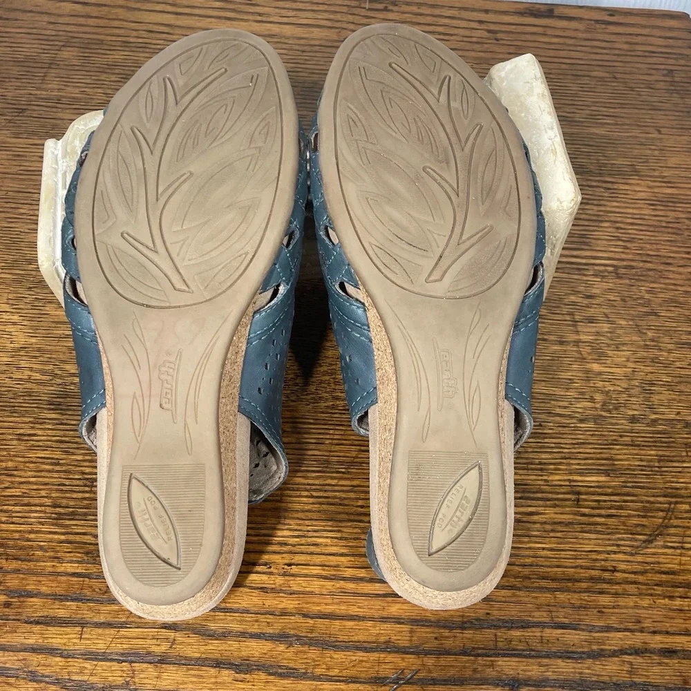 Earth Relief Pod Blue Laser Cut Leather Wedge Sandals Women 9.5 Orthopedic Boho